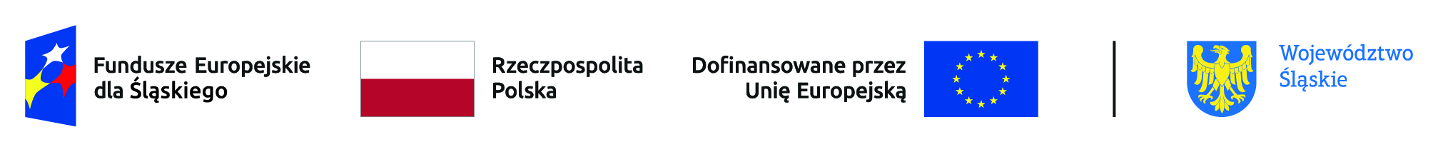 Obrazek składa się z czterech znaków graficznych, położnych poziomo, obok siebie. Pierwszy od lewej strony jest: znak Funduszy Europejskich - to logo złożone z symbolu graficznego (granatowy trapez z trzema gwiazdami: białą, żółtą i czerwoną) oraz napisu Fundusze Europejskie dla Śląskiego, kolejny znak barw Rzeczypospolitej Polskiej –  składa się z barw Rzeczypospolitej Polskiej oraz nazwy „Rzeczpospolita Polska”, kolejny znak Unii Europejskiej - to logo złożone z flagi Unii Europejskiej przedstawiającej 12 złotych gwiazd na błękitnym tle oraz napisu Dofinansowane przez Unię Europejską , kolejny znak graficzny województwa Śląskiego – składa się z symbolu  graficznego (złoty orzeł w błękitnym polu) oraz napisu Województwo Śląskie.