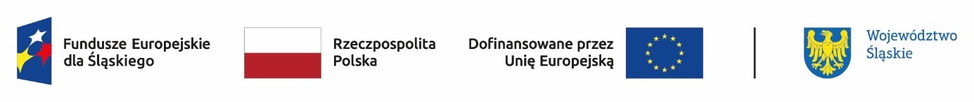 Obrazek składa się z czterech znaków graficznych, położnych poziomo, obok siebie. Pierwszy od lewej strony jest:  znak Funduszy Europejskich - to logo złożone z symbolu graficznego (granatowy trapez z trzema gwiazdami: białą, żółtą i czerwoną) oraz napisu Fundusze Europejskie dla Śląskiego, kolejny  znak barw Rzeczypospolitej Polskiej –  składa się z barw Rzeczypospolitej Polskiej oraz nazwy „Rzeczpospolita Polska”, kolejny znak Unii Europejskiej - to logo złożone z flagi Unii Europejskiej przedstawiającej 12 złotych gwiazd na błękitnym tle oraz napisu Dofinansowane przez Unię Europejską , kolejny znak graficzny województwa Śląskiego – składa się z symbolu  graficznego (złoty orzeł w błękitnym polu) oraz napisu Województwo Śląskie.